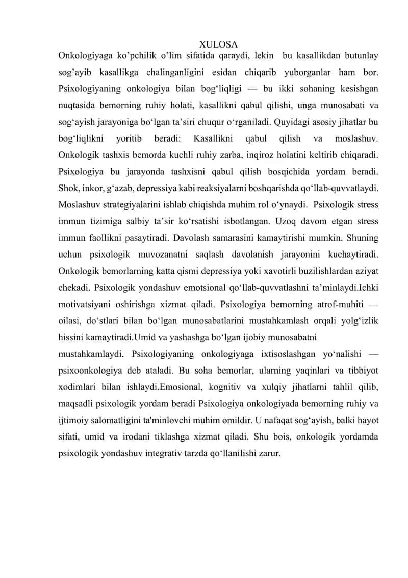 Psixologiya bilan onkologiya bo‘yicha munosabatlar 1