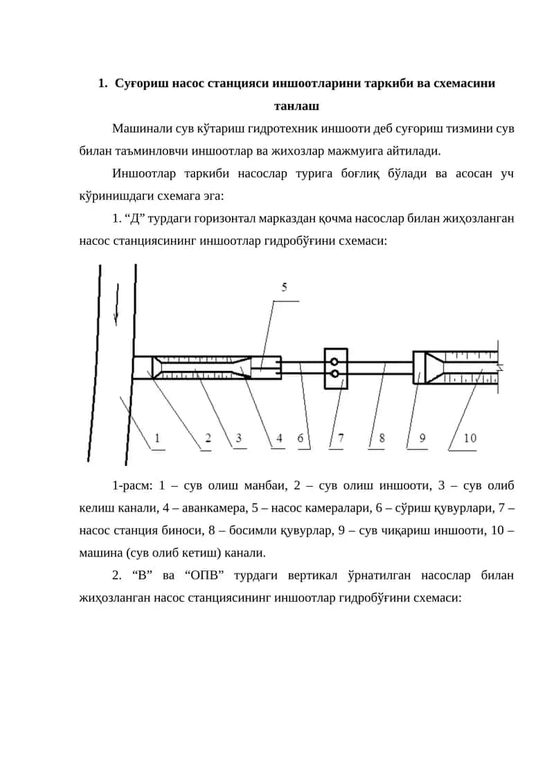 Суғориш насос станцияси иншоотларини таркиби ва схемасини танлаш 1