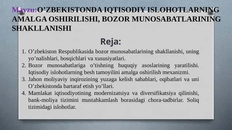O’ZBEKISTONDA IQTISODIY ISLOHOTLARNING AMALGA OSHIRILISHI, BOZOR MUNOSABATLARINING SHAKLLANISHI 1