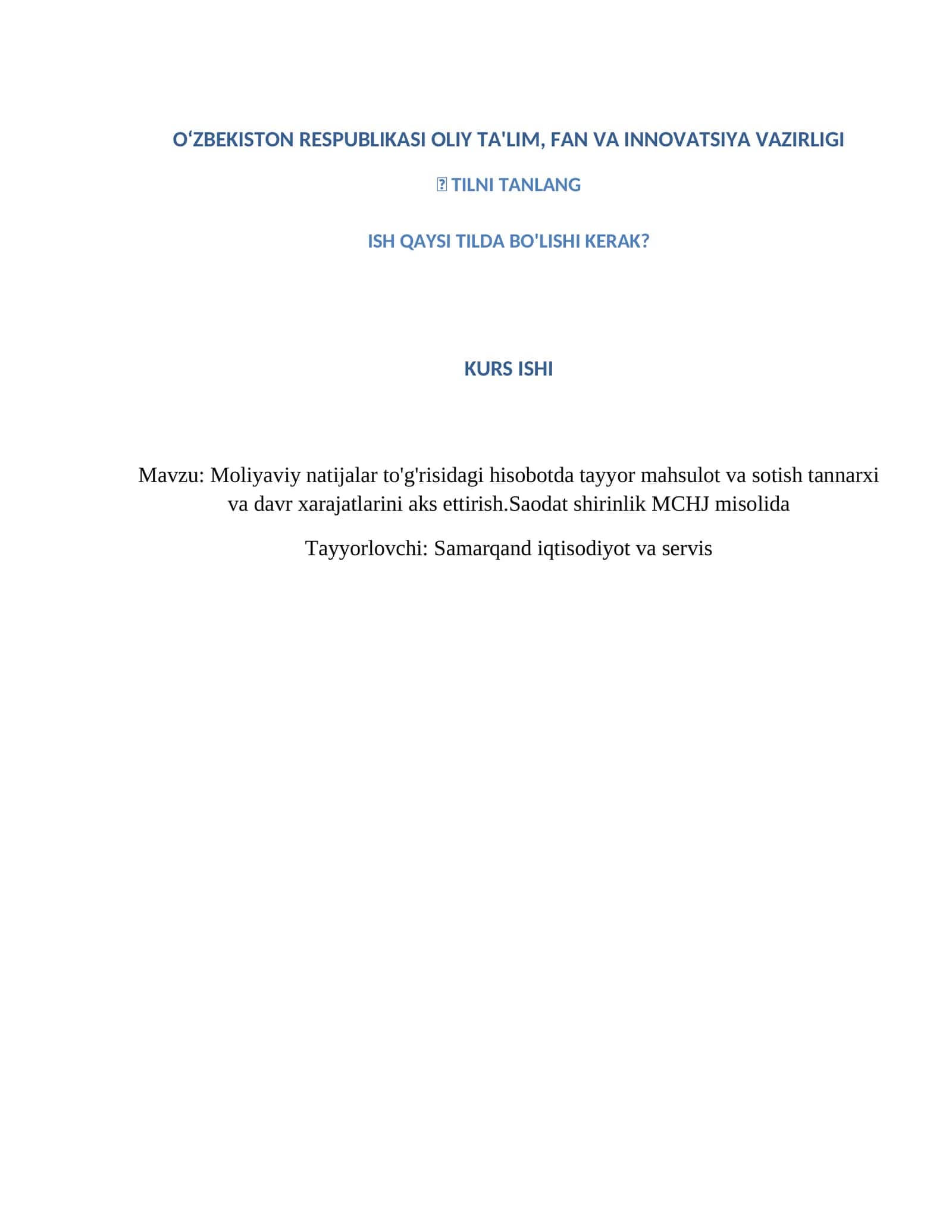 Moliyaviy natijalar to'g'risidagi hisobotda tayyor mahsulot va sotish tannarxi va davr xarajatlarini aks ettirish 1