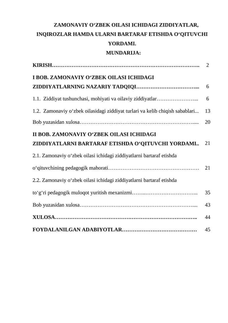 ZAMONAVIY O‘ZBEK OILASI ICHIDAGI ZIDDIYATLAR, INQIROZLAR HAMDA ULARNI BARTARAF ETISHDA O‘QITUVCHI YORDAMI. 1