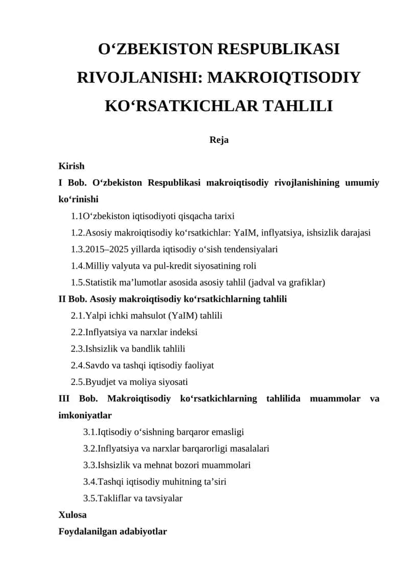 Oʻzbekiston Respublikasi Rivojlanishi: Makro iqtisodiy ko‘rsatkichlar tahlili 1