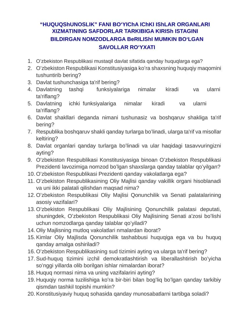 HUQUQSHUNOSLIK FANI BOʻYICHA SAVOLLAR 1