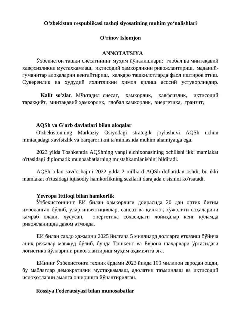 Oʻzbekiston respublikasi tashqi siyosatining muhim yoʻnalishlari 1