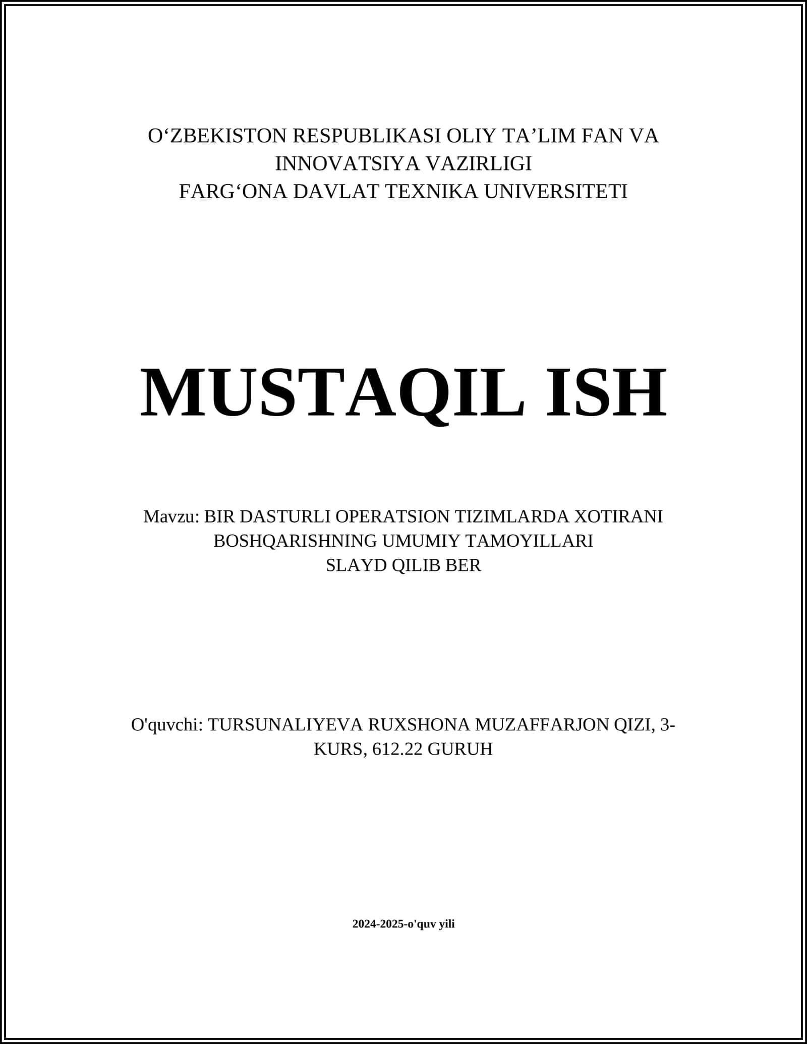 BIR DASTURLI OPERATSION TIZIMLARDA XOTIRANI BOSHQARISHNING UMUMIY TAMOYILLARI 1