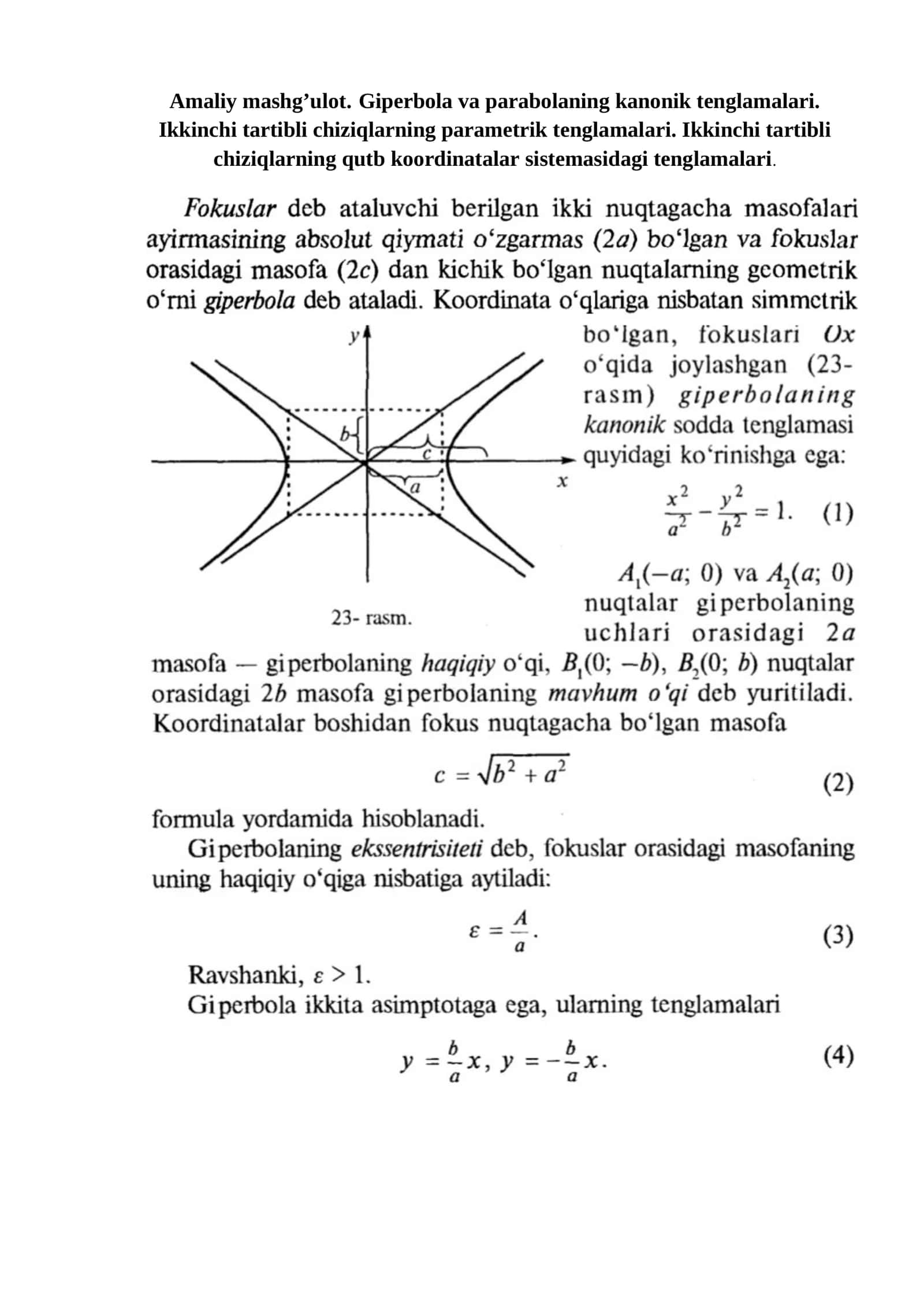 Giperbola va Parabolaning Kanonik Tenglamalari 1