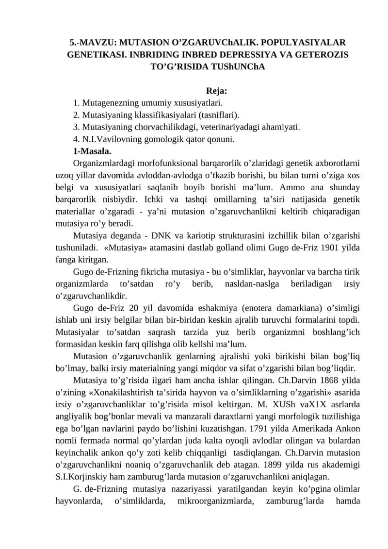 Mutasion O'zgaruvchanlik. Populyatsiyalar Genetikasi 1