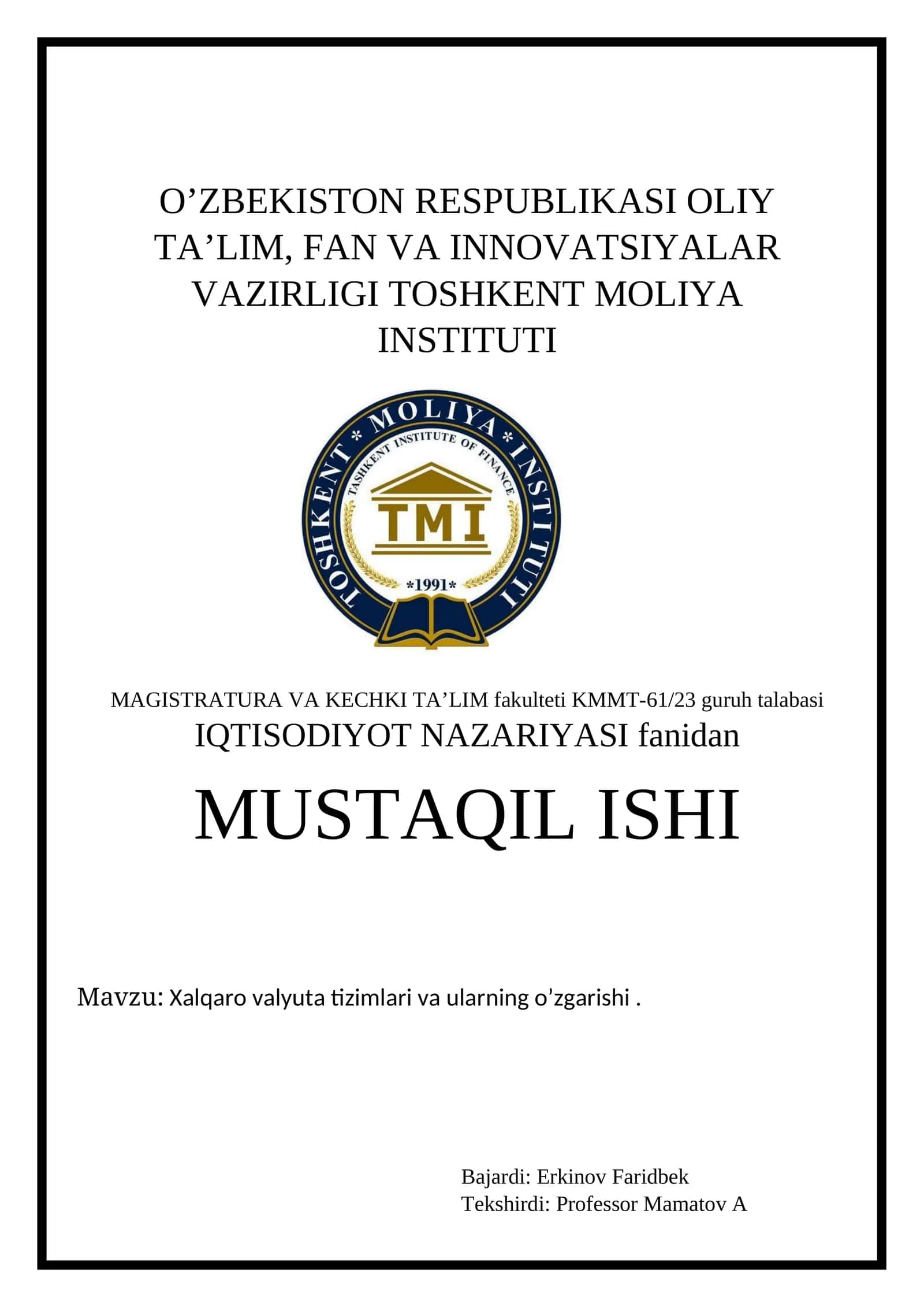 Magistratura va kechki ta'lim fakulteti KMMT-61/23 guruh talabasi 1