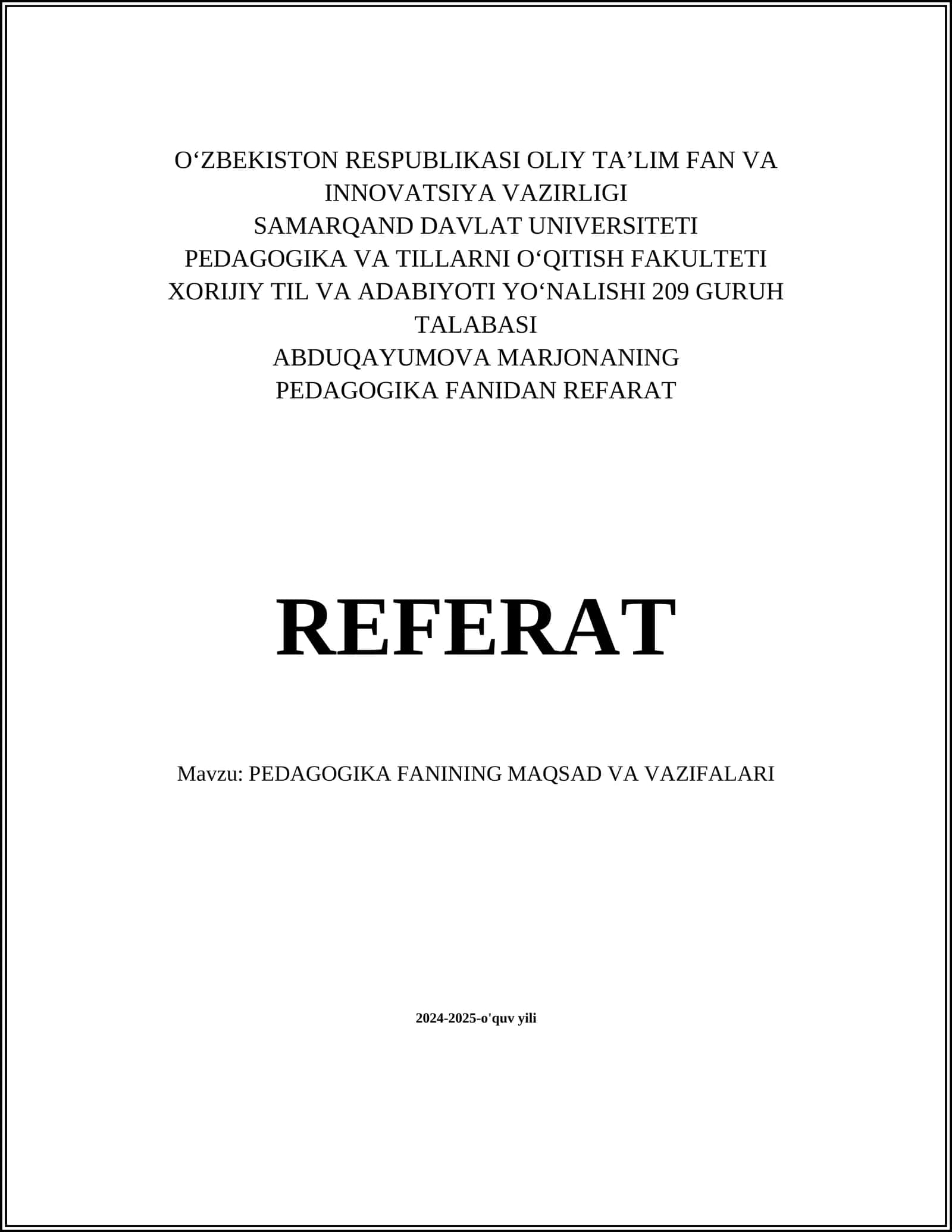 PEDAGOGIKA FANINING MAQSAD VA VAZIFALARI 1