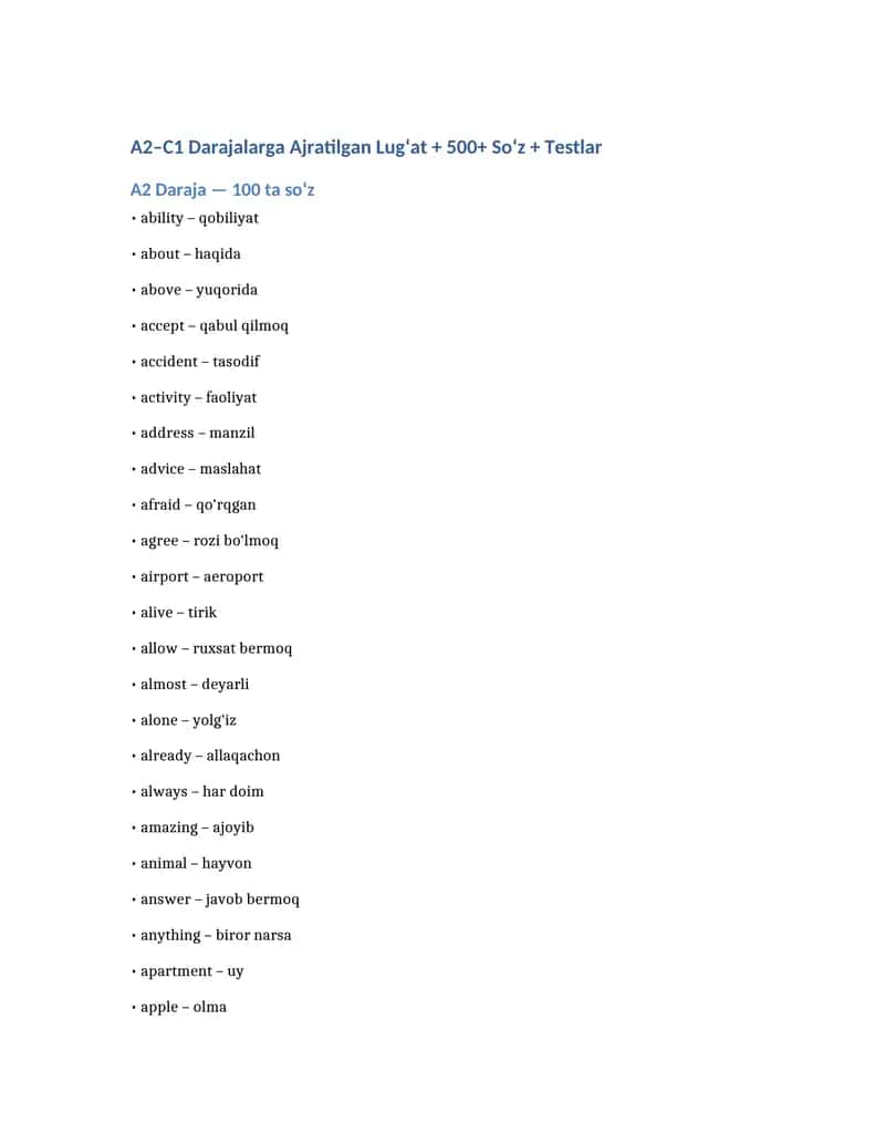 A2–C1 Darajalarga Ajratilgan Lug‘at + 500+ So‘z + Testlar 1