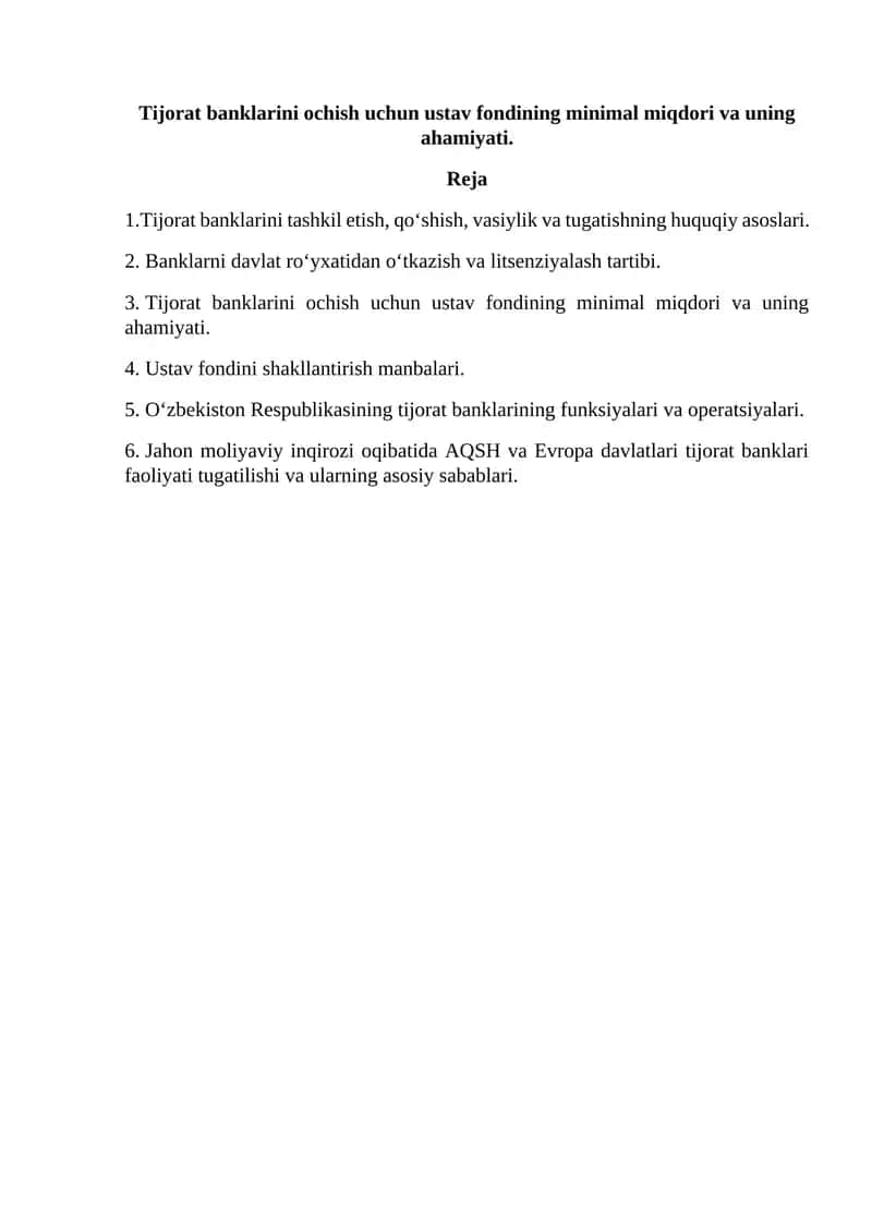 Tijorat banklarini ochish uchun ustav fondining minimal miqdori va uning ahamiyati 1