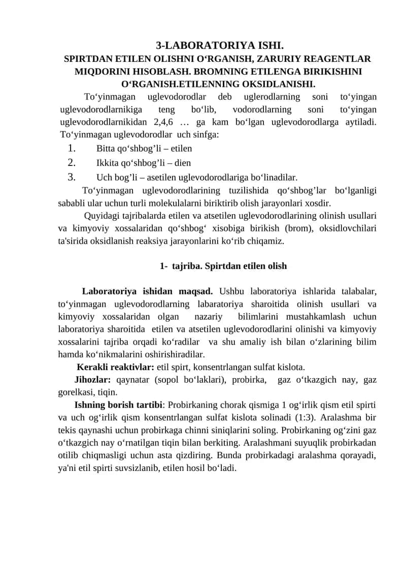 3-LABORATORIYA ISHI. SPIRTDAN ETILEN OLISHNI O‘RGANISH, ZARURIY REAGENTLAR MIQDORINI HISOBLASH. BROMNING ETILENGA BIRIKISHINI O‘RGANISH.ETILENNING OKSIDLANISHI 1
