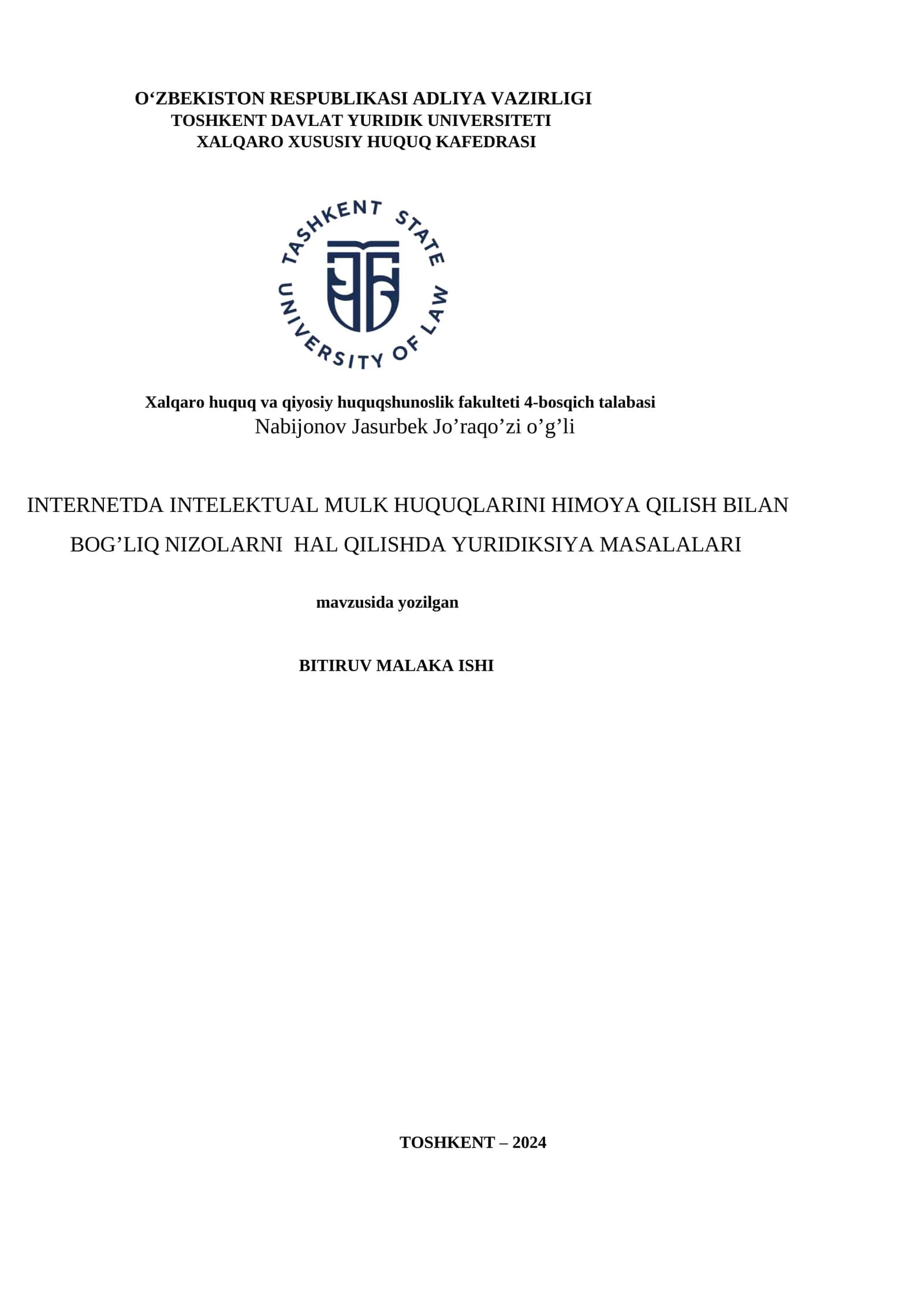 INTERNETDA INTELEKTUAL MULK HUQUQLARINI HIMOYA QILISH BILAN BOG’LIQ NIZOLARNI HAL QILISHDA YURIDIKSIYA MASALALARI 1