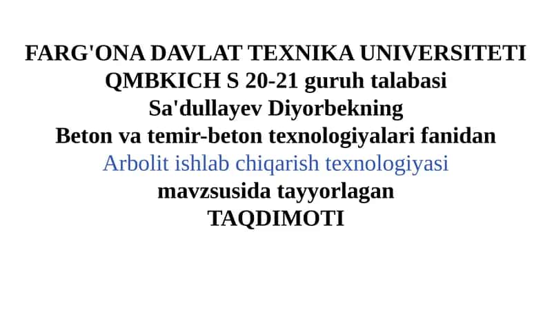 Arbolit Ishlab Chiqarish Texnologiyasi 1