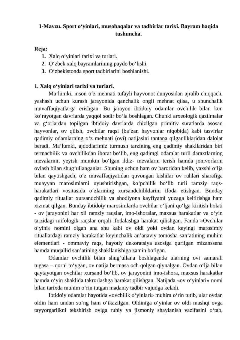 Sport o‘yinlari, musobaqalar va tadbirlar tarixi 1