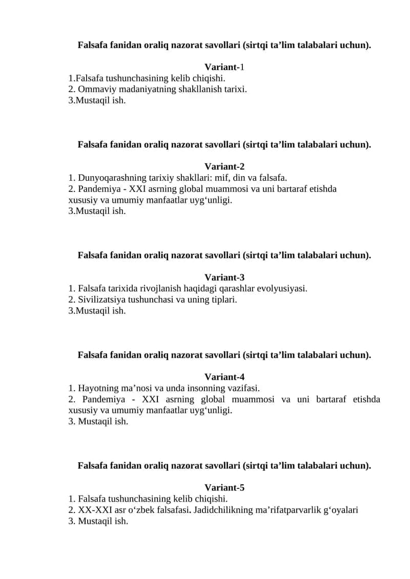 Oraliq nazorat savollari (sirtqi ta’lim talabalari uchun) 1