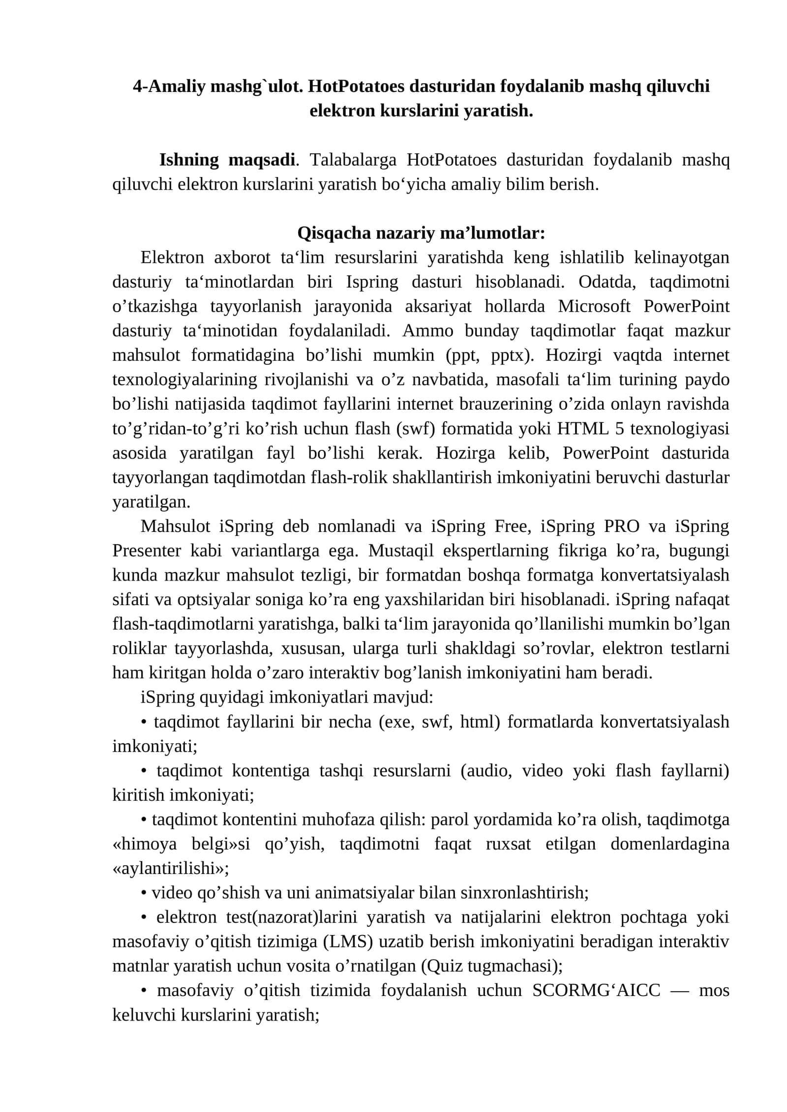 4-Amaliy mashg`ulot. HotPotatoes dasturidan foydalanib mashq qiluvchi elektron kurslarini yaratish 1