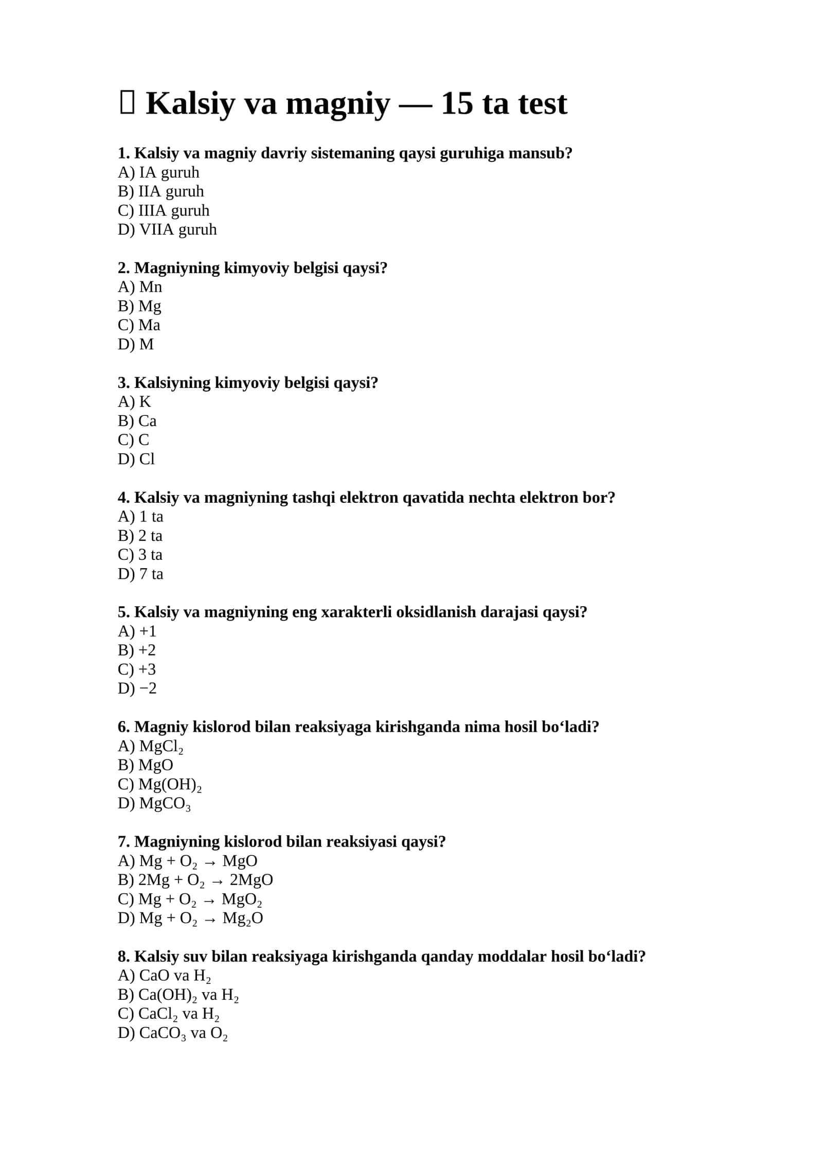 Kalsiy va magniy — 15 ta test 1