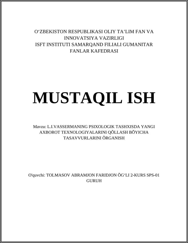 L.I.VASSERMANING PSIXOLOGIK TASHXISDA YANGI AXBOROT TEXNOLOGIYALARINI QÕLLASH BÕYICHA TASAVVURLARINI ÕRGANISH 1