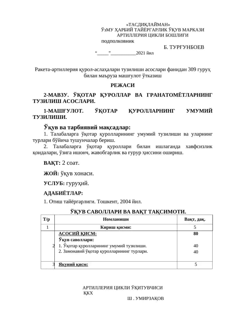 ЎҚОТАР ҚУРОЛЛАР ВА ГРАНАТОМЁТЛАРНИНГ ТУЗИЛИШ АСОСЛАРИ 1
