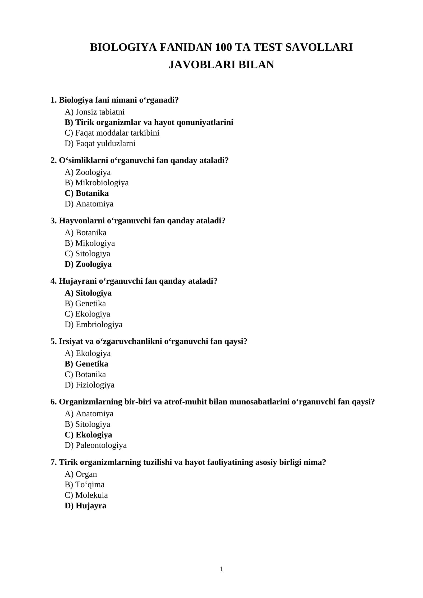 BIOLOGIYA FANIDAN 100 TA TEST SAVOLLARI JAVOBLARI BILAN 1