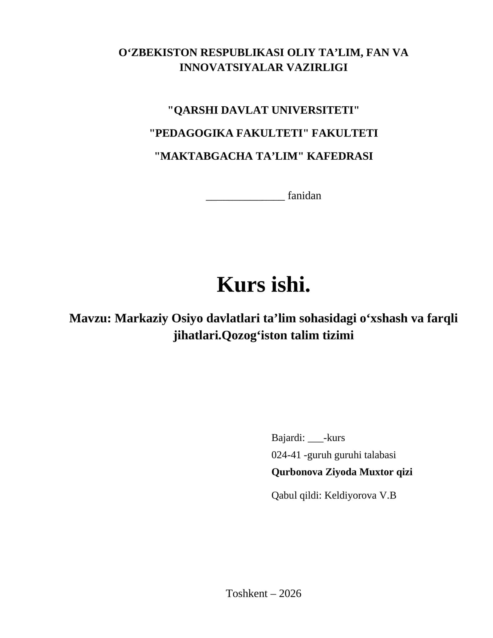 Markaziy Osiyo davlatlari taʼlim sohasidagi oʻxshash va farqli jihatlari.Qozogʻiston talim tizimi 1