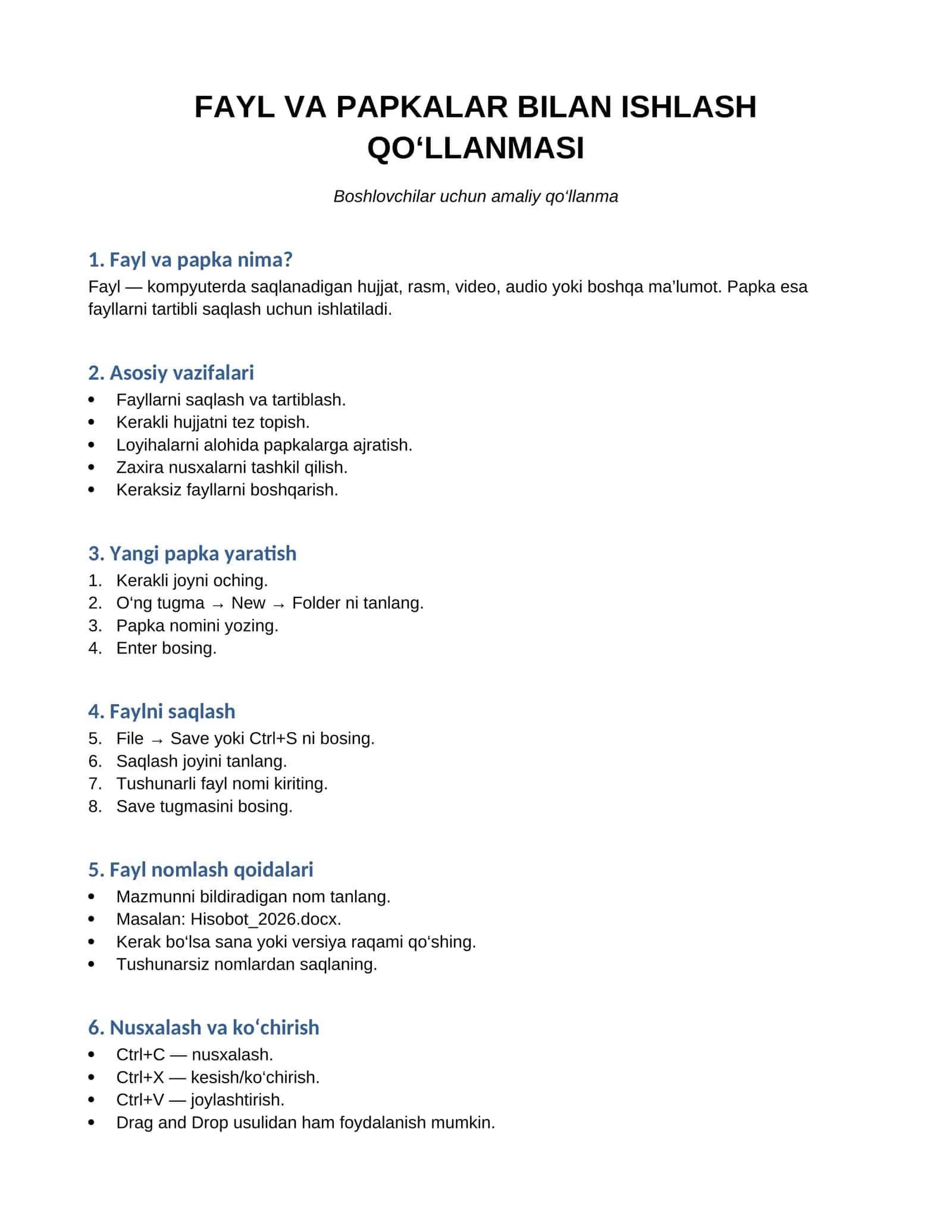 Fayl va Papkalar Bilan Ishlash Qo‘llanmasi 1