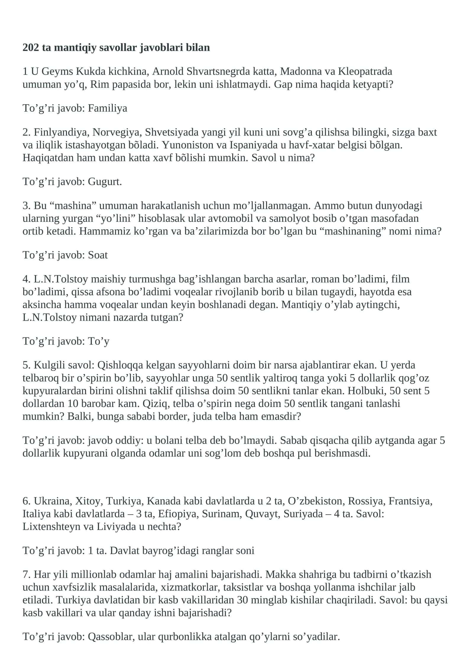 202 ta mantiqiy savollar javoblari bilan 1