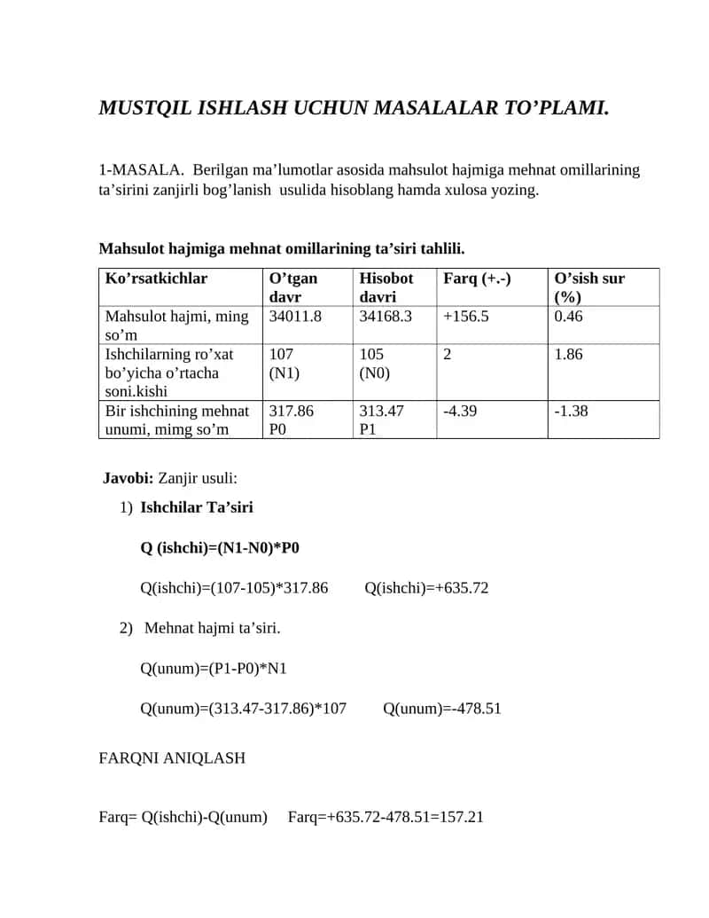 MUSTQIL ISHLASH UCHUN MASALALAR TO’PLAMI 1
