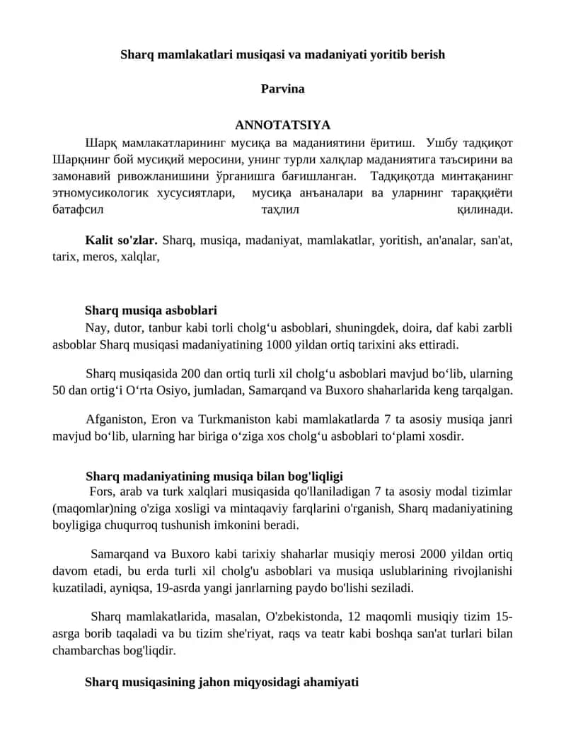 Sharq mamlakatlari musiqasi va madaniyati yoritib berish 1