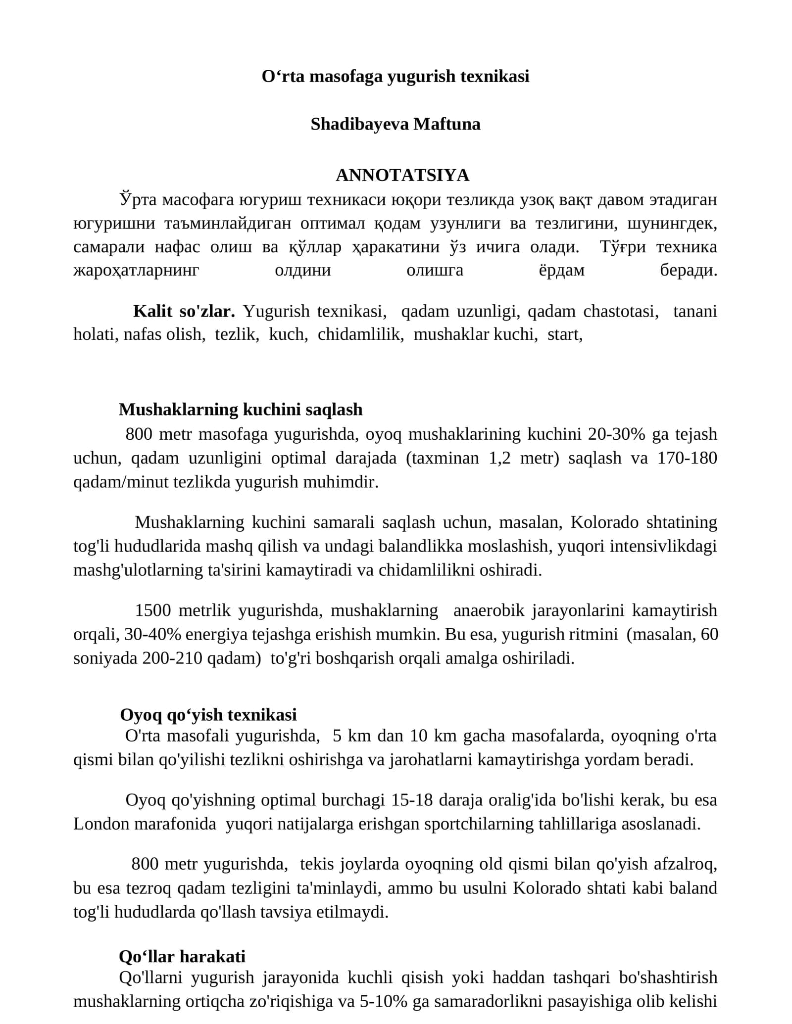 Oʻrta masofaga yugurish texnikasi 1