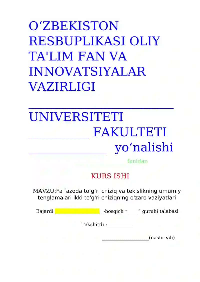 FAZODA TO'G'RI CHIZIQLARNING OʻZARO VAZIYATI
mavzusida ilmiy ish