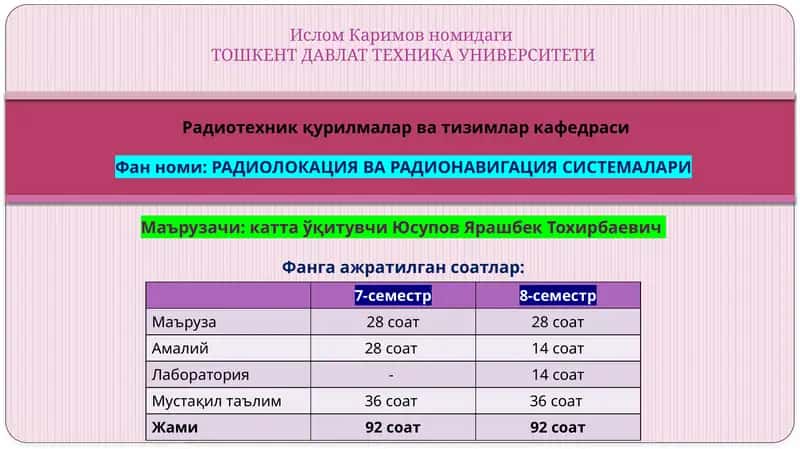 РАДИОЛОКАЦИЯ ВА РАДИОНАВИГАЦИЯ СИСТЕМАЛАРИ 1