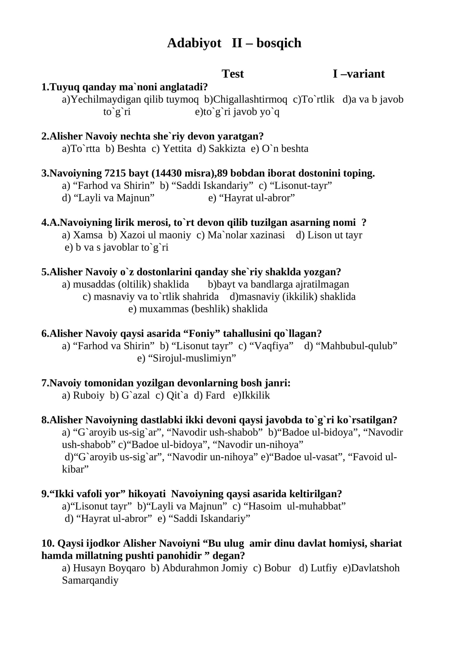 Alisher Navoiy mavzusida testlar 1