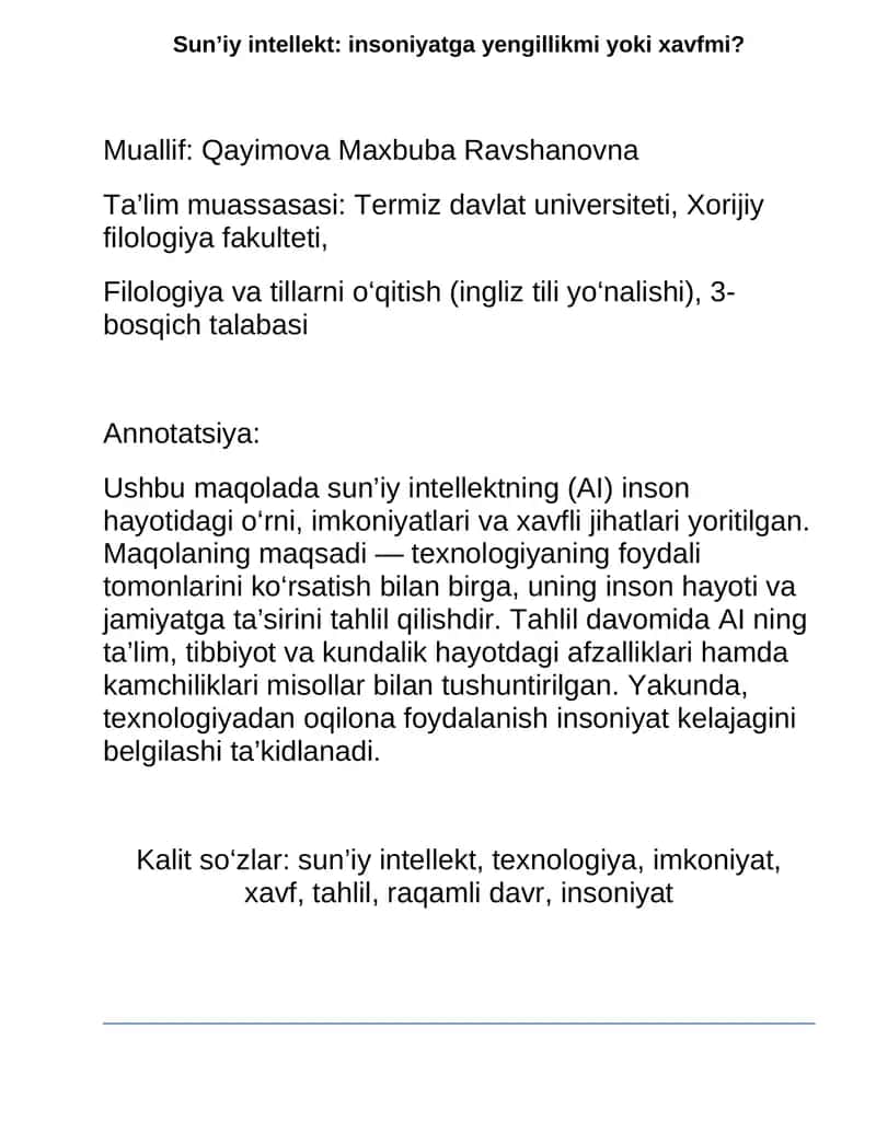 Sun’iy intellekt: insoniyatga yengillikmi yoki xavfmi? 1