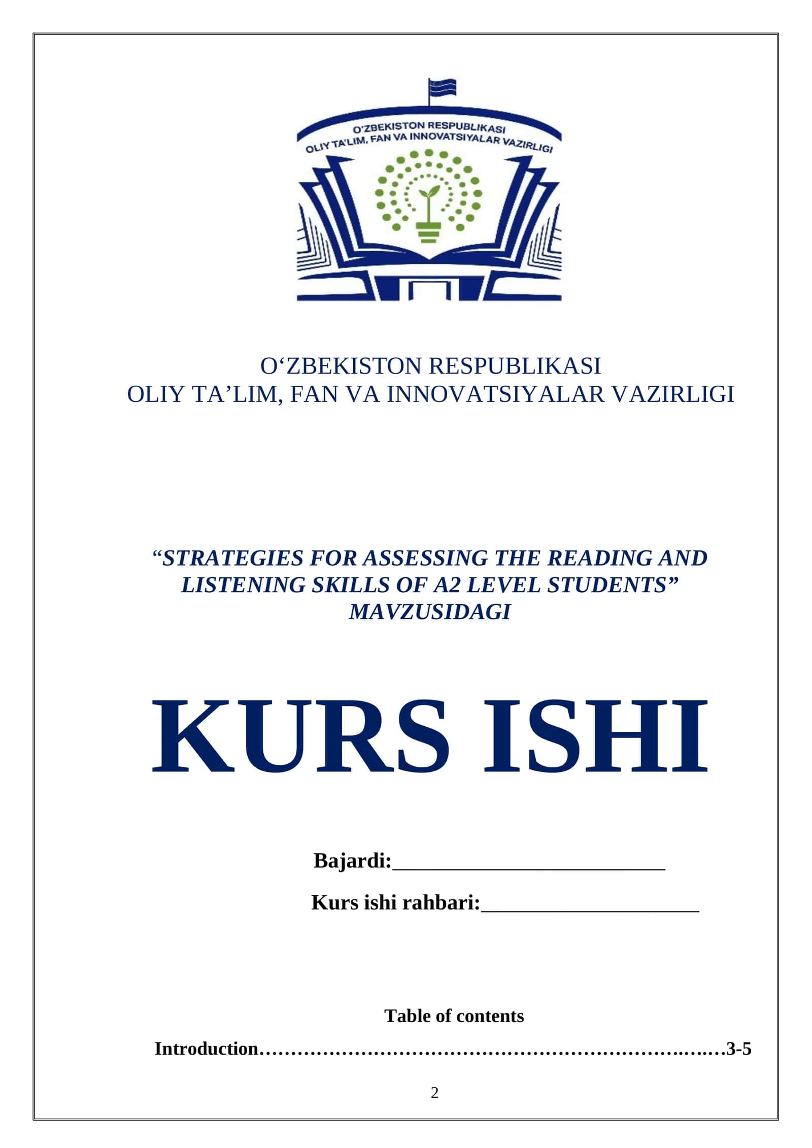 “STRATEGIES FOR ASSESSING THE READING AND LISTENING SKILLS OF A2 LEVEL STUDENTS” MAVZUSIDAGI KURS ISHI 1