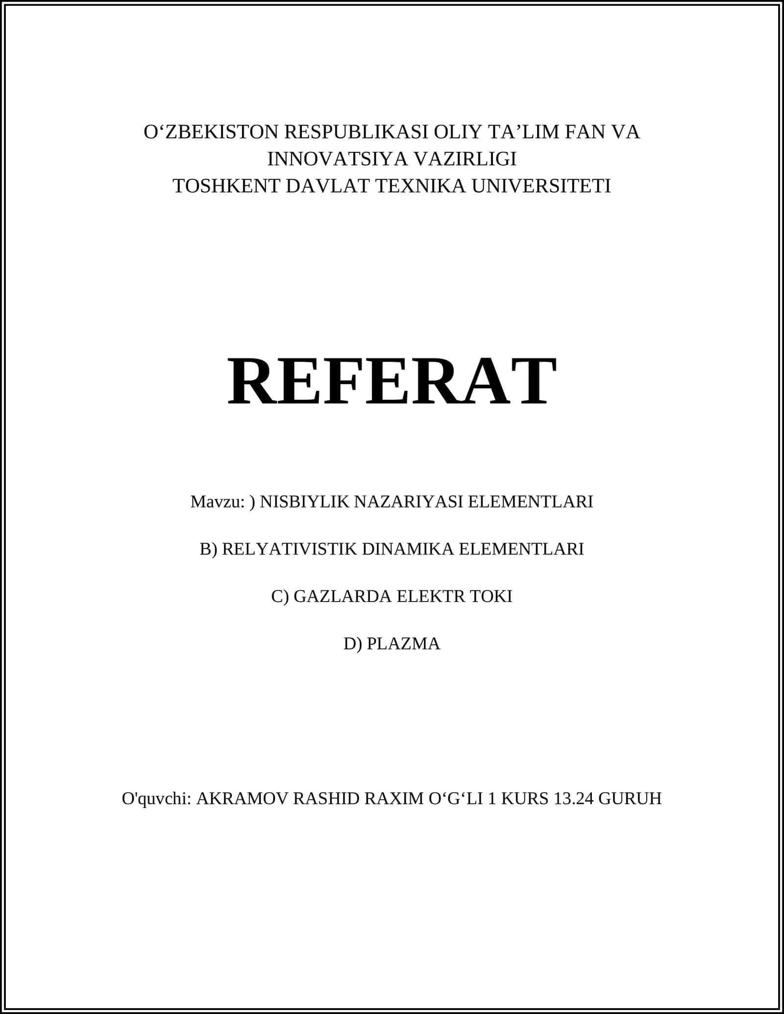 Nisbiylik nazariyasi elementlari 1