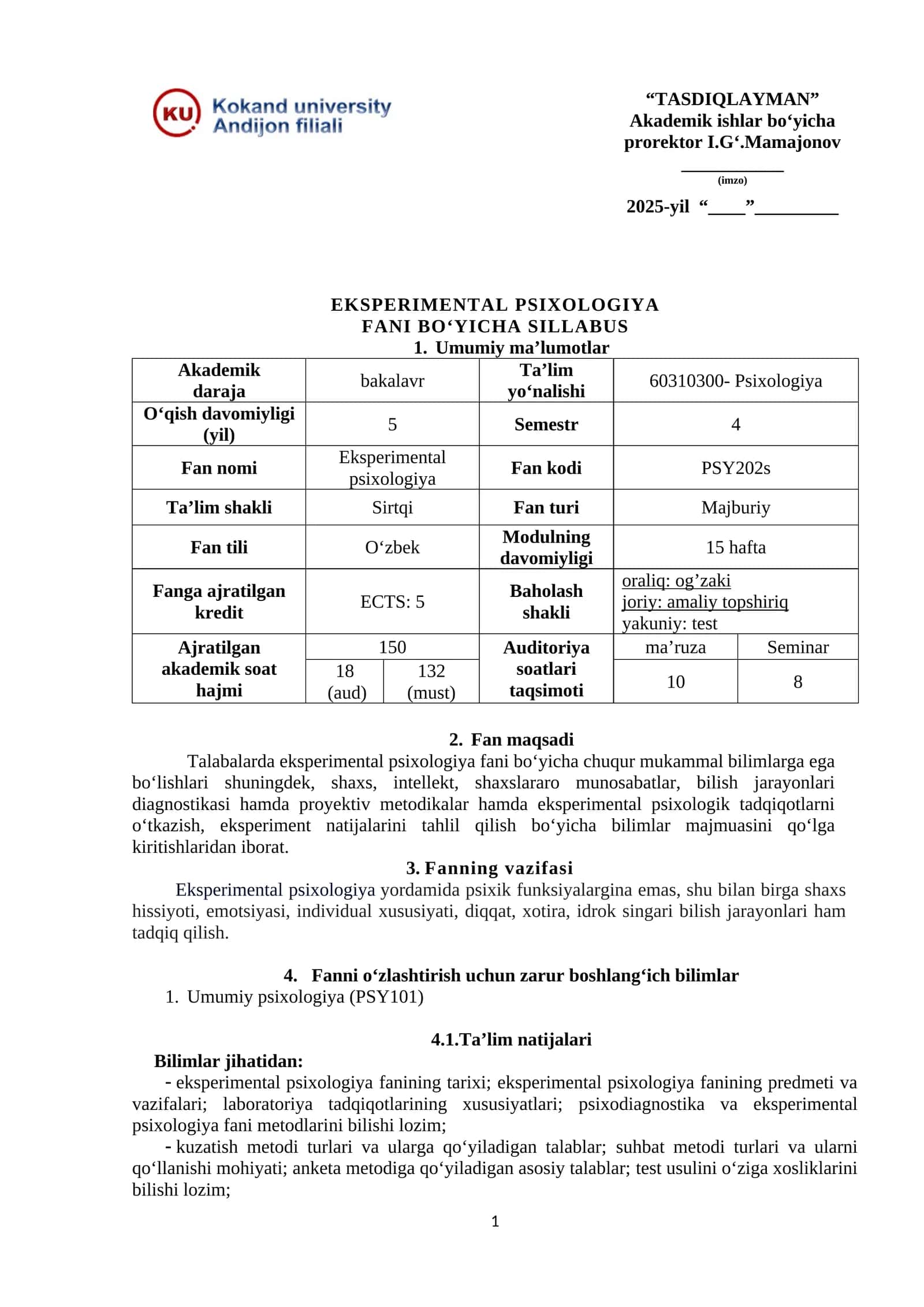 EKSPERIMENTAL PSIXOLOGIYA FANI BO‘YICHA SILLABUS 1
