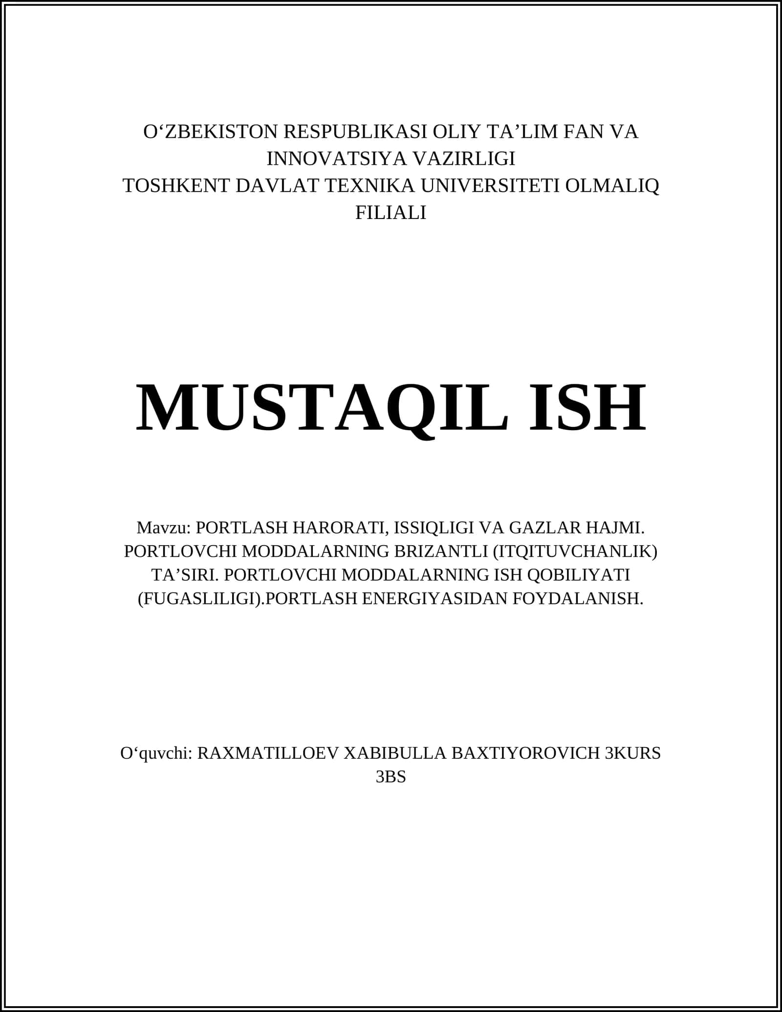 PORTLASH HARORATI, ISSIQLIGI VA GAZLAR HAJMI 1