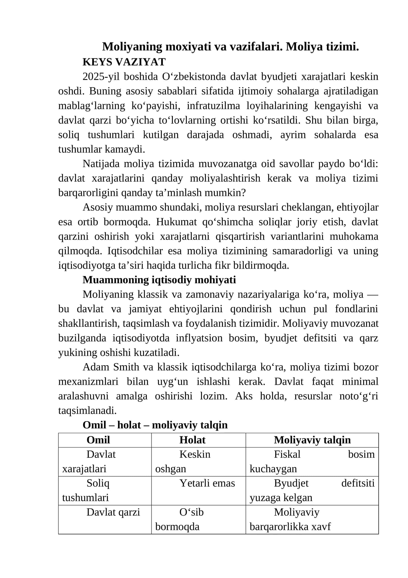 Moliyaning moxiyati va vazifalari. Moliya tizimi 1