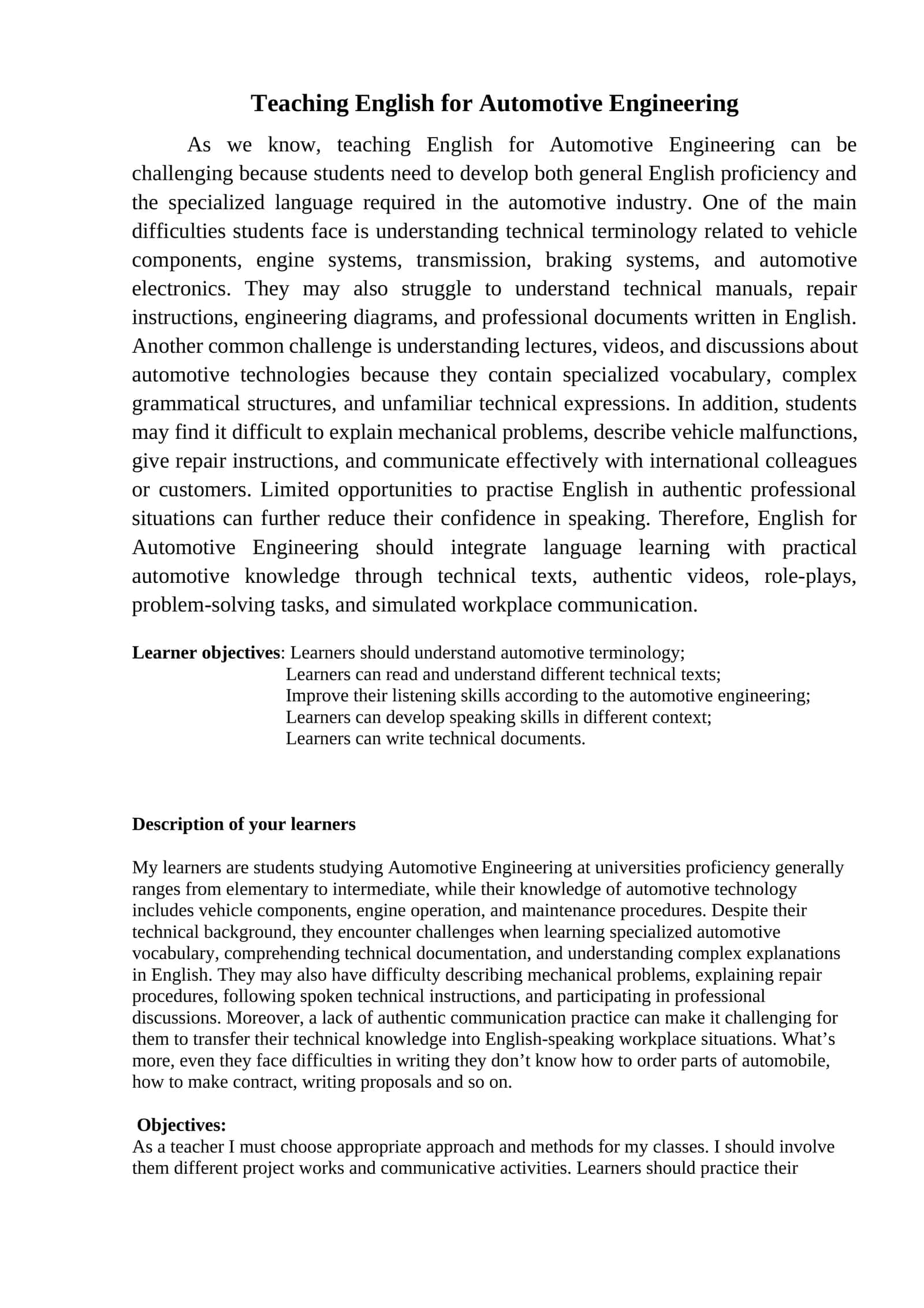 Teaching English for Automotive Engineering 1