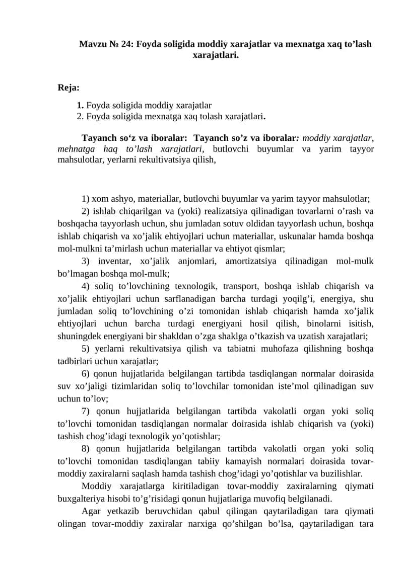 Foyda soligida moddiy xarajatlar va mexnatga xaq to’lash xarajatlari 1