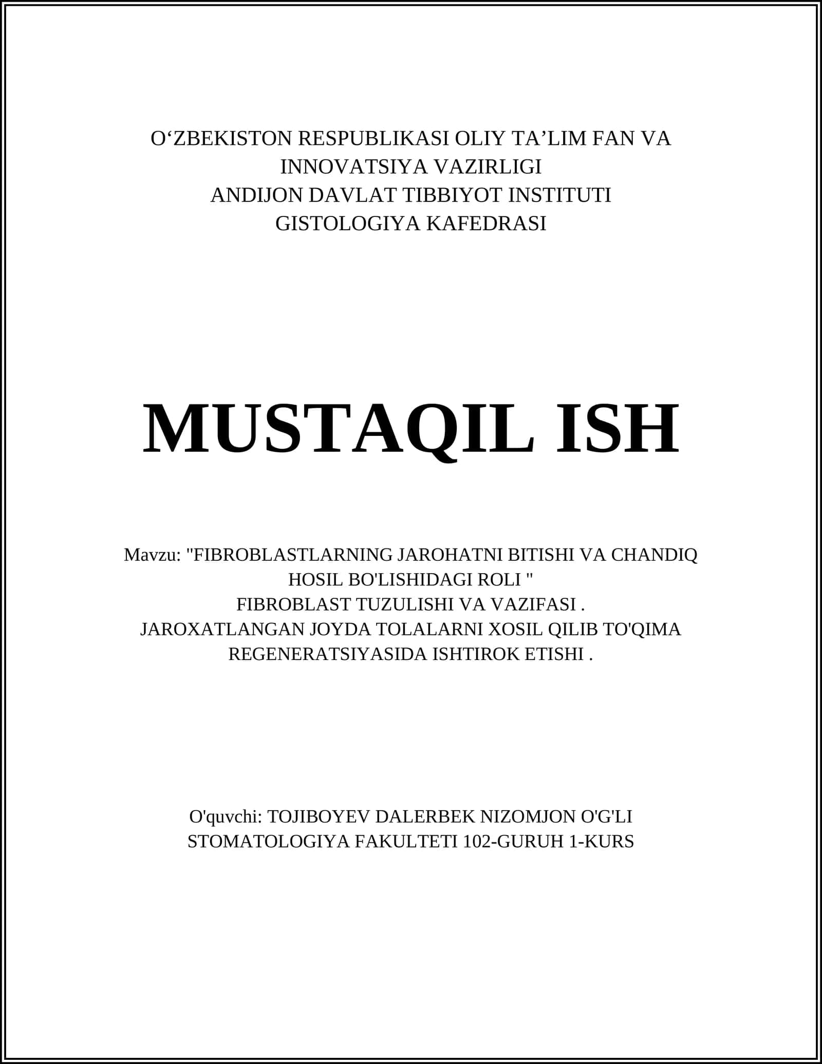 FIBROBLASTLARNING JAROHATNI BITISHI VA CHANDIQ HOSIL BO'LISHIDAGI ROLI 1