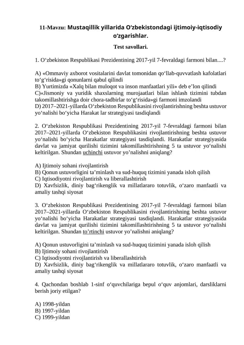 Mustaqillik yillarida O‘zbekistondagi ijtimoiy-iqtisodiy o‘zgarishlar. Test savollari. 1