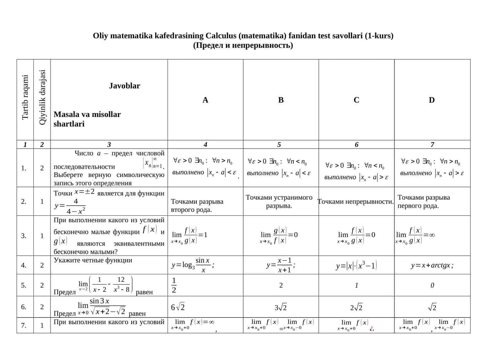 Calculus (mathematics) test questions (1st year) 1