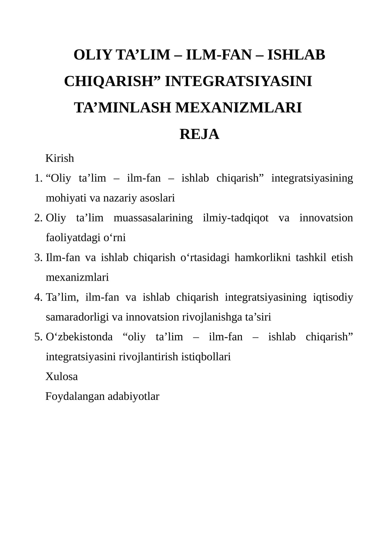 Oliy ta’lim – ilm-fan – ishlab chiqarish” integratsiyasini ta’minlash mexanizmlari 1