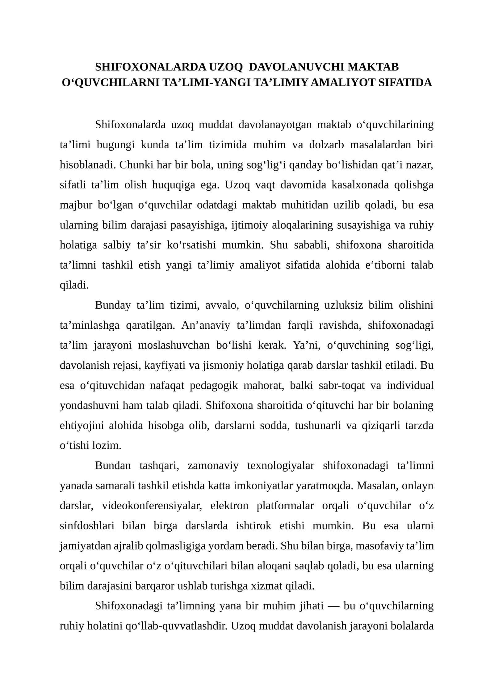 Shifoxonalarda uzoq davolanuvchi maktab oʻquvchilarni taʼlimi-yangi taʼlimiy amaliyot sifatida 1