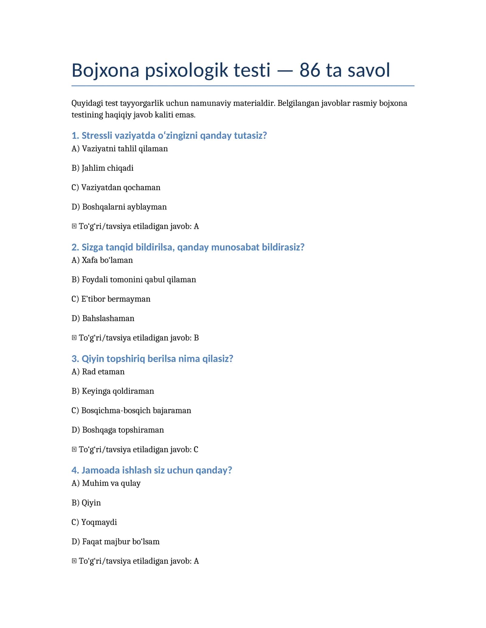 Bojxona psixologik test savollari 86 va javobi 1