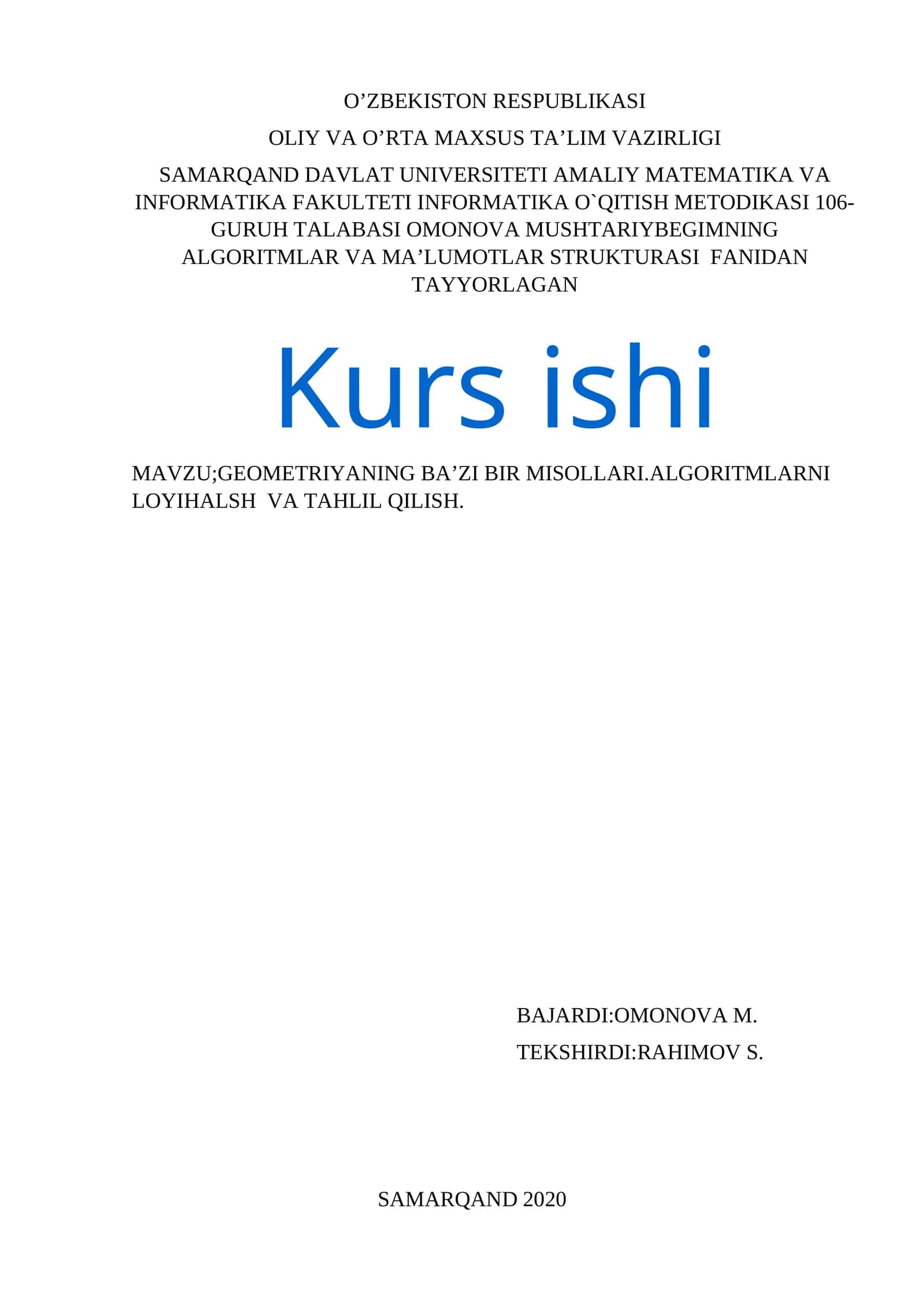 GEOMETRIYANING BA’ZI BIR MISOLLARI.ALGORITMLARNI LOYIHALSH VA TAHLIL QILISH 1