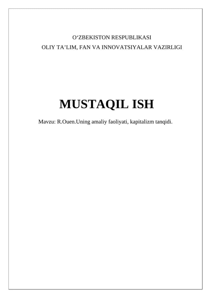 ﻿R.Ouen.Uning amaliy faoliyati, kapitalizm tanqidi 1